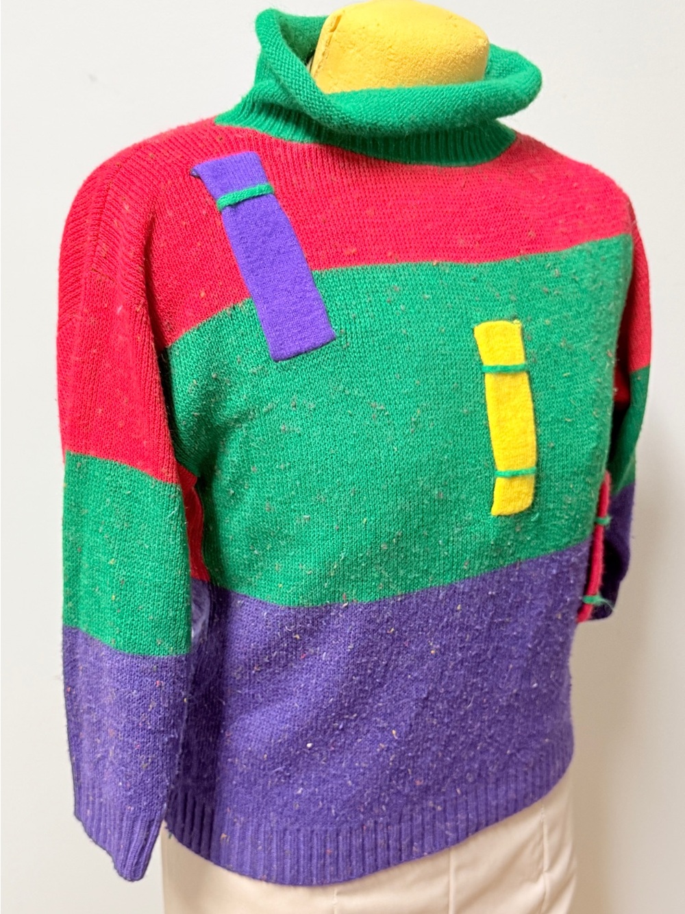 Vintage Acylic Colorblock Turtleneck Sweater in Red, Green & Purple